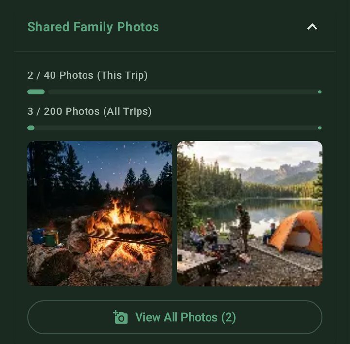 Shared trip photos of a campfire and a lakeside tent