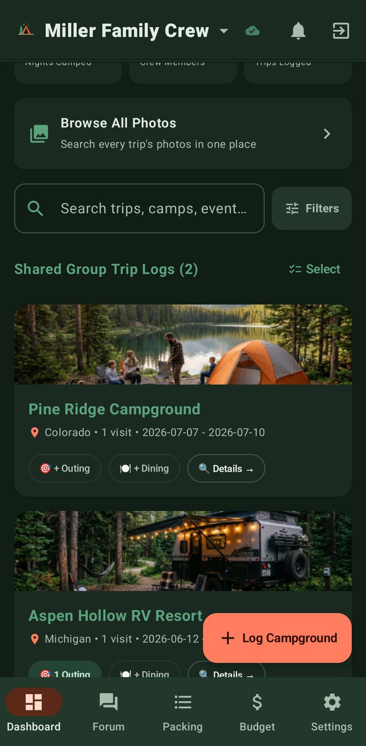 The CampCrew Android app showing a family crew's trip log, with photo banners for a lakeside campground and an RV resort